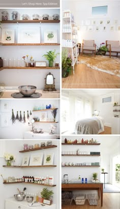 four different shots of shelves with various items on them