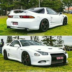 two pictures of a white sports car parked in the grass