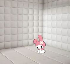 a cartoon character in a room with white tiles on the walls and floor, looking at something