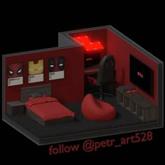 a red room with a bed, desk and television