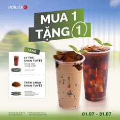 two iced drinks are shown with the words mua 1 tang