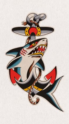 an image of a shark with a hat on it's head and anchor in the mouth