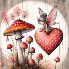 a fairy sitting on top of a heart surrounded by mushrooms