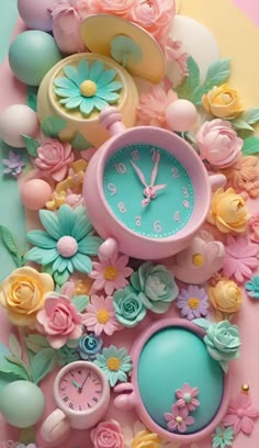 a pink clock surrounded by flowers and pastel colors on a table with other items