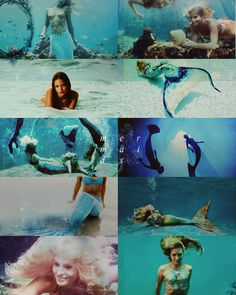 mermaids are swimming in the water and posing for pictures