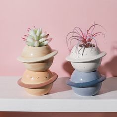 three ceramic pots with plants in them sitting on a shelf next to a pink wall