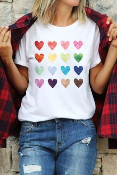 White Colorful Hearts Print Valentine Short Sleeve T-shirt Casual Heart Print T-shirt For Spring, Casual Short Sleeve T-shirt With Heart Print, Cute Multicolor T-shirt For Spring, Casual Heart Graphic T-shirt For Spring, Casual T-shirt With Heart Graphic For Spring, White Heart-shaped T-shirt For Spring, Casual Heart Print T-shirt For Summer, Summer Cotton T-shirt With Heart Print, Summer Graphic Tee With Heart Print