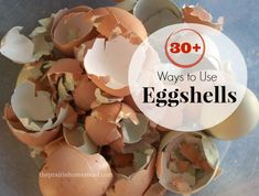 eggshells in a bowl with the words 30 ways to use eggshells