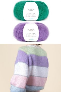 two skeins of yarn in different colors and sizes, one is green and the other is purple