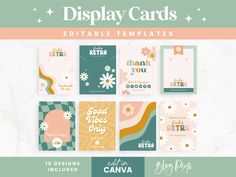 Retro Display Card templates to edit in Canva. Brand your small business with seventies inspired product display cards that you can print and send with customer orders. These display card templates can be used in many different ways for your small business. You can use them as jewelry display cards and attach earrings, necklaces and bracelets. They can be used as backing cards for hair bows, hair clips, keychains, buttons and more. You can also pop them into parcels for extra branding to create Hair Clip Packaging, Clip Packaging, Retro Branding, Retro Display, Retro Logo Design, Jewelry Display Cards, Retro Collection, Text Graphics, Bows Hair