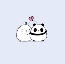 two cartoon pandas hugging each other with a heart balloon in the sky behind them