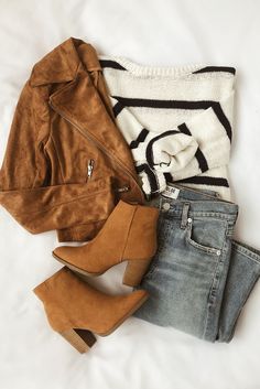 #veganleatherjacket #cameljacket #stripedsweater #denim #booties #outfitideas #lovelulus Tan Suede Moto Jacket, Summer Work Outfits, Moda Fashion, Look Fashion