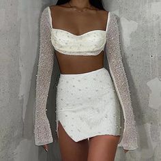 Shipping: Worldwide Express Shipping AvailableDelivery time: 7-15Days Fast ShippingReturns: Fast refund, 100% Money Back Guarantee.Brand Name: MozisionFabric Type: BlendedAge: 25-34Style: Sexy & ClubMaterial: SpandexMaterial: PolyesterOrigin: Mainland ChinaCN: ZhejiangSeason: Autumn/WinterFabric content: 96% and aboveDecoration: BacklessCollar: Square CollarClosure Type: PulloverSleeve Style: RegularMaterial Composition: Natural fiberPattern Type: SolidGender: WOMENSilhouette: PleatedPant Clo... Off The Shoulder White Sparkly Dress, Tight Long Dress, Long Green Skirt, Long Skirt And Top, Pink Maxi Skirt, White Long Skirt, Beaded Skirt, Dress Sets, Green Mini Skirt