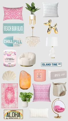 a collage of pink and white items including pillows, lights, lampshades