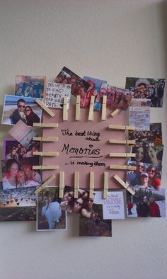 a clock made out of pictures and clothes pegs with the words she best thing for memories is making them