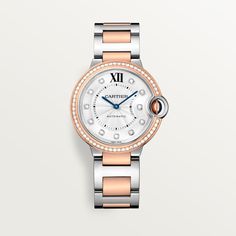 Cartier - Ballon Bleu de Cartier watch - Watch Woman Gold/Steel - Ballon Bleu de Cartier watch, 36 mm, mechanical movement with automatic winding. Steel case, fluted rose gold 750/1000 crown set with a cabochon synthetic spinel. Rose gold 750/1000 bezel and silver guilloché dial, set with 69 brilliant-cut diamonds totaling 0.77 carat. Blued-steel sword-shaped hands. Sapphire crystal. Rose gold 750/1000 and steel interchangeable bracelet.12.1 mm thick. Water-resistant up to 3 bar (approx. 30 mete Cartier Watches Women, Interchangeable Bracelet, Rose Gold Watches Women, Cartier Panthere, Gold Watches Women, Cartier Ballon Bleu, Cartier Santos, Cartier Watch, Buy Watches