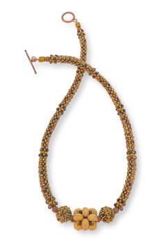 Beaded Necklace - A hand-woven cluster of faceted, Czech glass rondelles centered between two hand-woven beaded orbs are suspended from textured lengths of woven glass beads in Picasso brown, punctuated with umber and Tuscan gold. A fire-forged copper toggle elegantly complements the flattering 24 length. Gold Jewelry With Faceted Beads And Copper, Gold Copper Jewelry With Faceted Beads, Copper Jewelry With Gold Round Beads, Artisan Multi-strand Beaded Necklace, Multi-strand Beaded Necklace With Czech Glass, Multi-strand Colorful Czech Glass Beaded Necklaces, Multi-strand Czech Glass Beaded Necklace With Polished Beads, Adjustable Multi-strand Czech Glass Necklace, Weird Jewelry