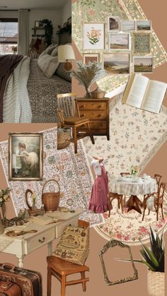 a collage of photos with furniture and pictures on the wall, including an old fashioned desk