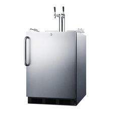 a stainless steel beverage dispenser with two faucets on the top