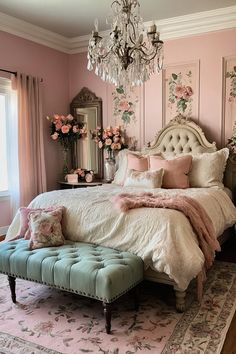 a bedroom decorated in pink and white with a chandelier hanging from the ceiling