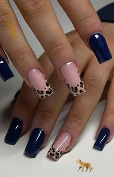 french tips with leopard pattern Navy Leopard Nails, Blue Nails Pattern, Simple Builder Gel Nail Designs, Western Birthday Nails, Short Square Gel Nails Fall, Short Square Gel X Nails, Police Nails Designs, Glamour Nails Designs, Summer Nails Trendy Short