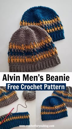 two hats with the text, free crochet pattern for men's beanie