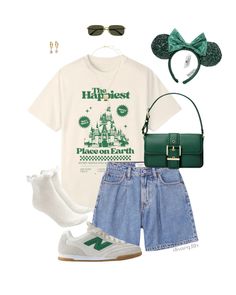 a white shirt and jean shorts are outfitted with mickey mouse headband, green handbag