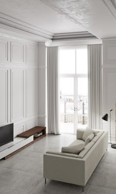 a living room with white walls and curtains on the windowsills is shown in this image