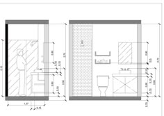 a drawing of a bathroom with measurements for the shower and toilet area, along with other drawings