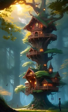 a tree house in the middle of a forest