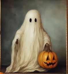 a painting of a ghost holding a pumpkin