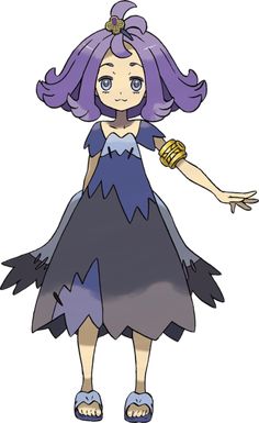 an anime character with purple hair and blue eyes, wearing a dress that has been made to