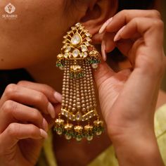 Elevate your elegance with Surabhi Fine Crafted Jewels. Each earring is a masterpiece of design and sophistication, adding a touch of glamour to your every look. Unveil timeless beauty.  @surabhifinecraftedjewels  #surabhifinecraftedjewels #earrings #gemstone #goldearrings #shopnow #jewelryshopping #jewelrydesigner #love #style #timelessbeauty #shopping #jewelrylove #finejewellery #artofjewelry Rajputi Earrings Design Gold, Rajputi Earrings, Jadtar Earrings, Earrings Design Gold, Beautiful Wedding Jewelry, Gold Jewelry Prom, Jewelry Prom, Patterns Flowers