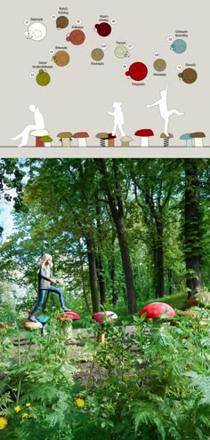 an image of a woman walking through the woods with many different things in her hand