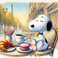 a cartoon dog sitting at a table with a cup of coffee and croissants