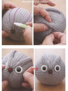 four pictures showing how to knit a ball of yarn with eyeballs on the eyes