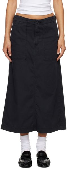 Relaxed-fit stretch cotton canvas midi skirt. · High-rise · Cinch straps at waistband · Four-pocket styling · Zip-fly · Logo flag at back pocket Supplier color: Caviar Fly Logo, Cargo Skirt, Denim Midi Skirt, Back Pocket, Stretch Cotton, All Black, Apparel Accessories, Cotton Canvas, Levi's