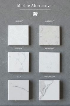 white marble tiles with different names and colors on them, including the words marble alternatives