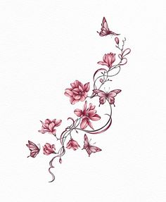 pink flowers and butterflies on a white background