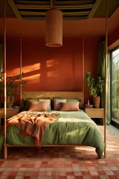 a bedroom with orange walls and green bedding in the center, surrounded by potted plants