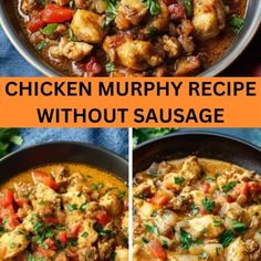 chicken murphy recipe without sausage in a skillet with three different pictures and title