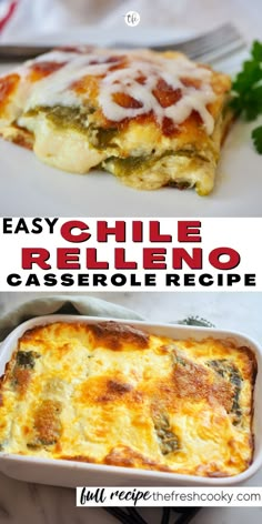 Long pin with two images, top image of close up of chile relleno casserole slice with melting cheese and bottom image of chile relleno casserole in white dish golden and baked. Chile Relleno Casserole Recipe, Relleno Casserole, Chili Relleno Casserole, Chile Relleno Casserole, Chili Relleno, Puffy Clouds, Ground Beef Casserole, Gooey Cheese, Baked Eggs