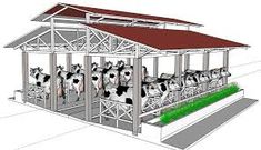 a drawing of cows in a shelter with grass growing on the bottom floor and roof