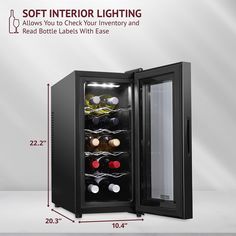 an image of a wine cooler with its door open and bottles in the bottom compartment