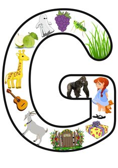 the letter g with pictures of animals, plants and other things to color on it