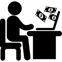 a man sitting at a desk with money coming out of his laptop