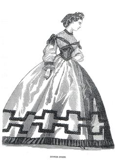 This 1864 dinner dress was found in the Ohio Historical Society Archives. The skirt has a trim made of contrasting ruched ribbon and a ruffle at hemline. The bodice of tucked cotton is also trimmed in contrasting color with ribbons and bows. Visit my Etsy store for more doll wigs, clothes, patterns and accessories. I'm happy to combined shipping. 1710s Fashion, Geometric Pattern Dress, 1860 Fashion, 1800s Fashion, China Doll, 19th Century Fashion, China Dolls, Victorian Clothing, Doll Wigs