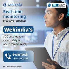 a man holding a tablet in front of him with the words webindia on it