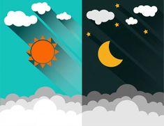 the sun, moon and clouds are shown in two different color scheme for each other