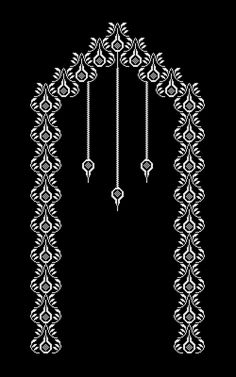 an ornate arch with hanging beads on it's sides in white against a black background